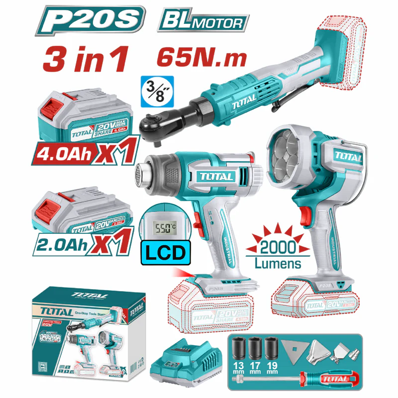 COMBO DEL MES TOTAL INALµMBRICO. RACHET 3/8" 65NM, PISTOLA DE CALOR 30-550°C Y LAMPARA DE TRABAJO 22
