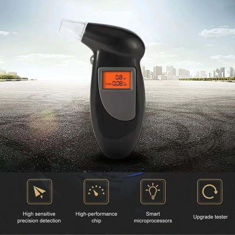 ALCOHOLÍMETRO DIGITAL PORTÁTIL CON PANTALLA LCD Y ALARMA DE EBRIEDAD. MEDIDOR DE ALCOHOL CON 5 BOQUI