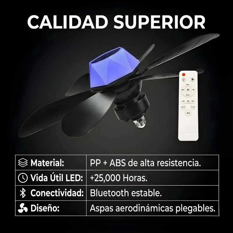 ABANICO DE TECHO 20 CON SOCKET E27, LUZ LED RGB Y 3 TONOS, BOCINA BLUETOOTH. VENTILADOR CON 6 ASPAS