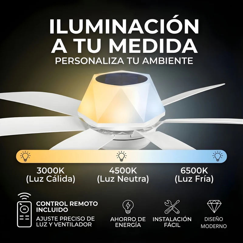 ABANICO DE TECHO 20 CON SOCKET E27, LUZ LED RGB Y 3 TONOS, BOCINA BLUETOOTH. VENTILADOR CON 6 ASPAS
