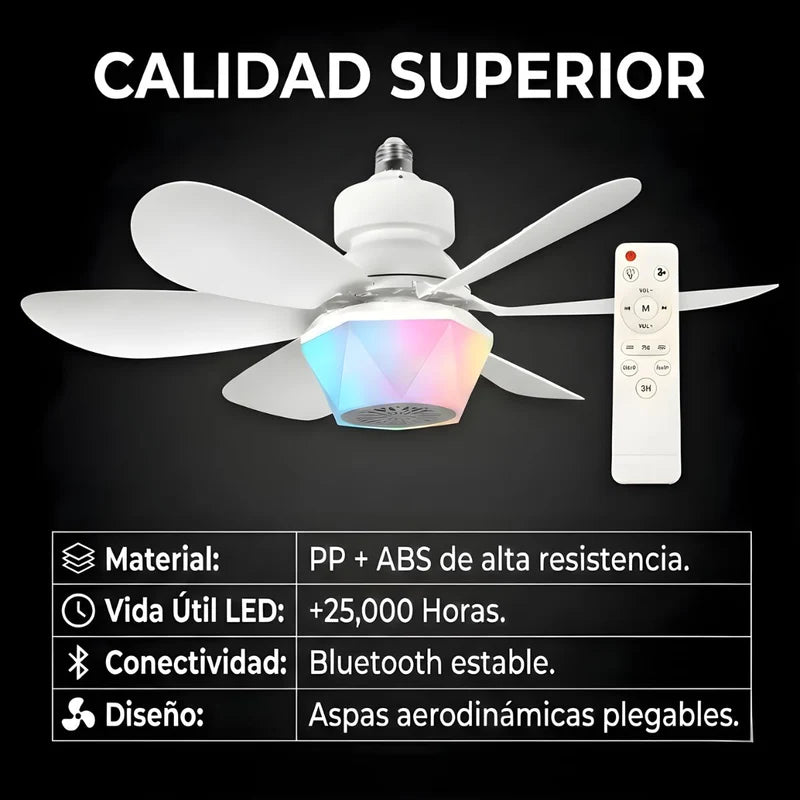 ABANICO DE TECHO 20 CON SOCKET E27, LUZ LED RGB Y 3 TONOS, BOCINA BLUETOOTH. VENTILADOR CON 6 ASPAS