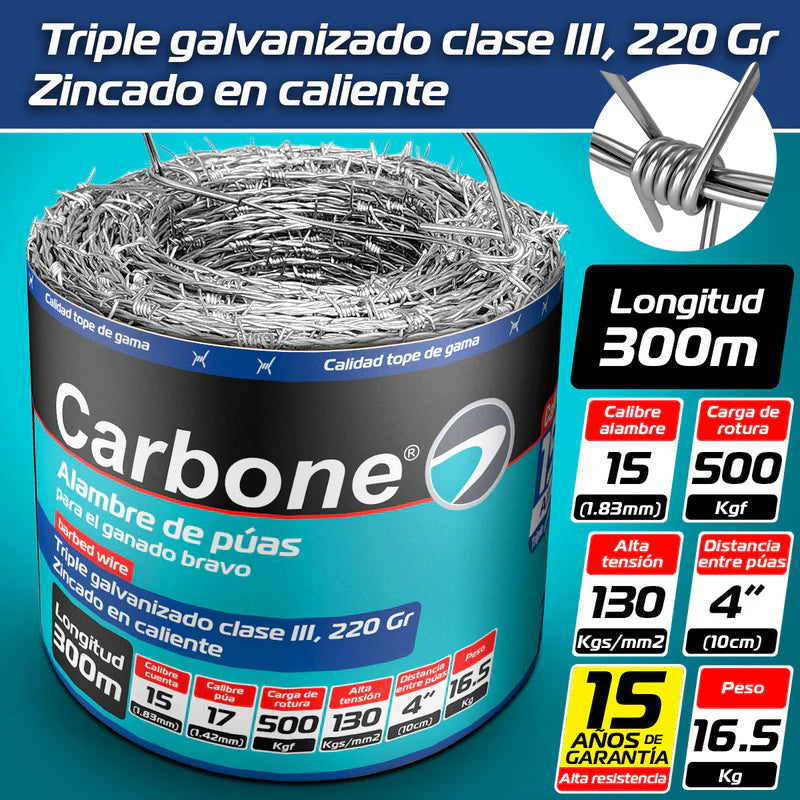 ALAMBRE DE PÚAS CALIBRE 15 DE 300M (ALTA CALIDAD TOPE GAMA) TRIPLE GALVANIZADO 220GR M2 (15 AÑOS GAR