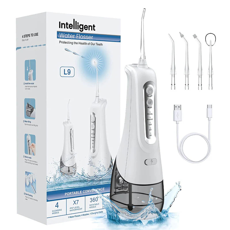 IRRIGADOR BUCAL PORTÁTIL DE 4 MODOS CON TANQUE DE 330 ML Y BOQUILLAS INTERCAMBIABLES. LIMPIEZA PROFU