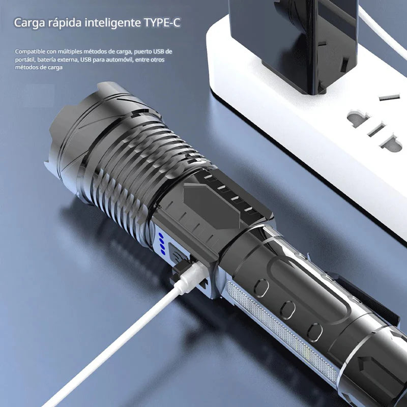LINTERNA DE MANO RECARGABLE CON ENFOQUE AJUSTABLE Y RESISTENCIA AL AGUA. IDEAL PARA CAMPING Y EMERGE