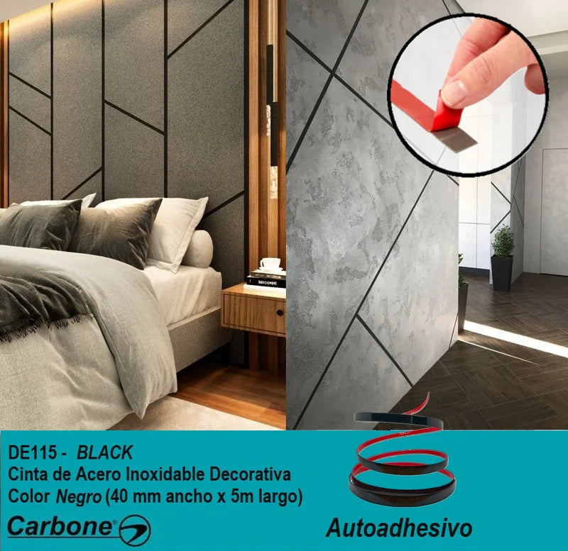 CINTA DE ACERO INOXIDABLE NEGRO BRILLANTE TIRA AUTOADHESIVA DECORATIVA 4CM X 5M LARGO