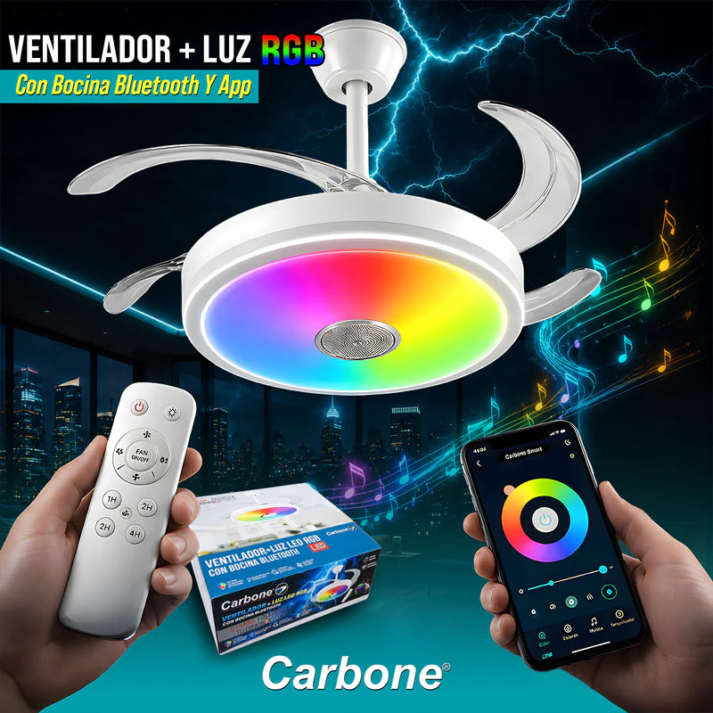 ABANICO DE TECHO 42" LED RETRÁCTIL RGB FULL COLOR CON BOCINA BLUETOOTH Y APP BLANCO-