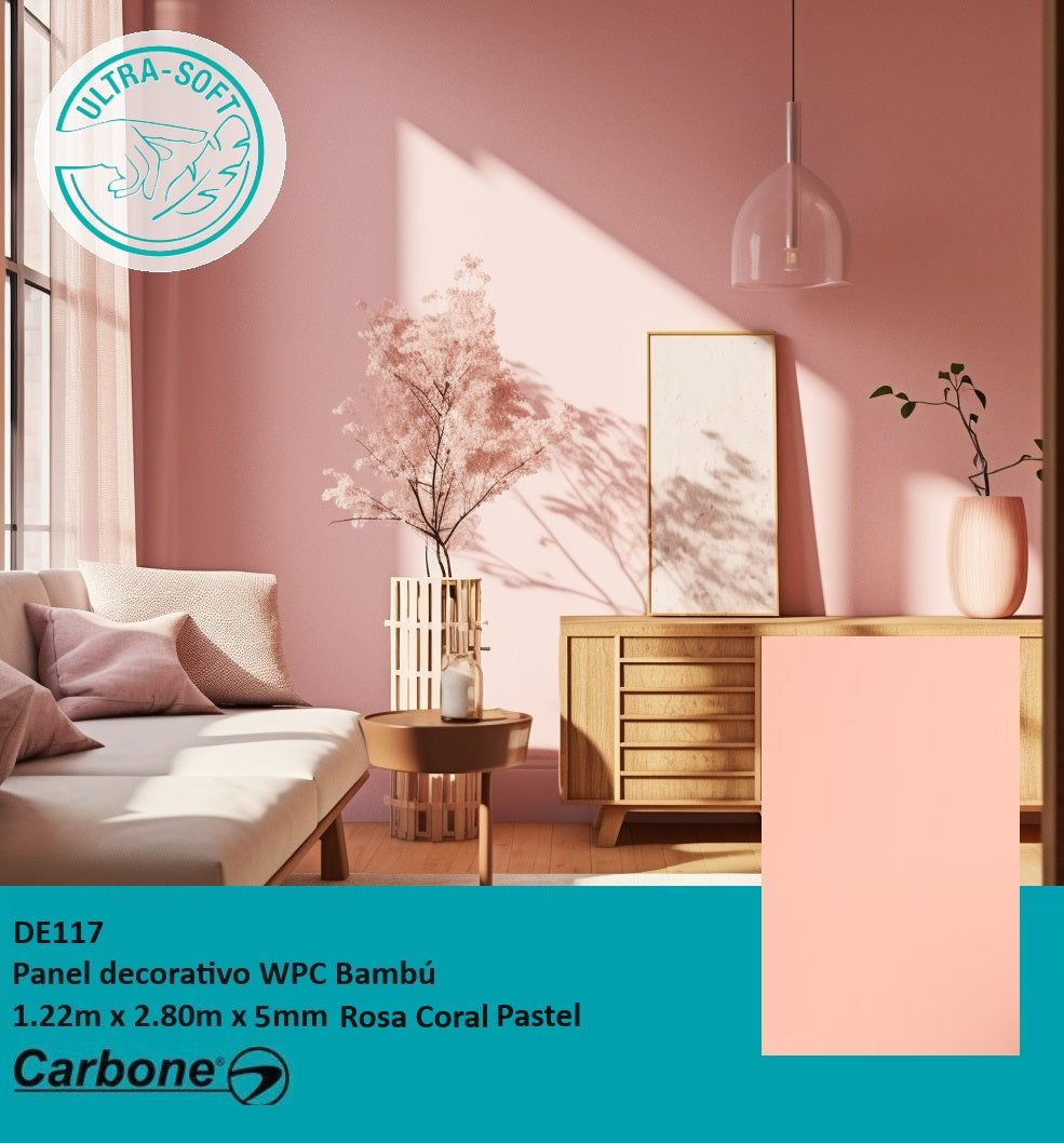 PANEL DECORATIVO WPC BAMBU SOFT TOUCH 1.22 M X 2.80 M X 5 MM ROSA CORAL PASTEL