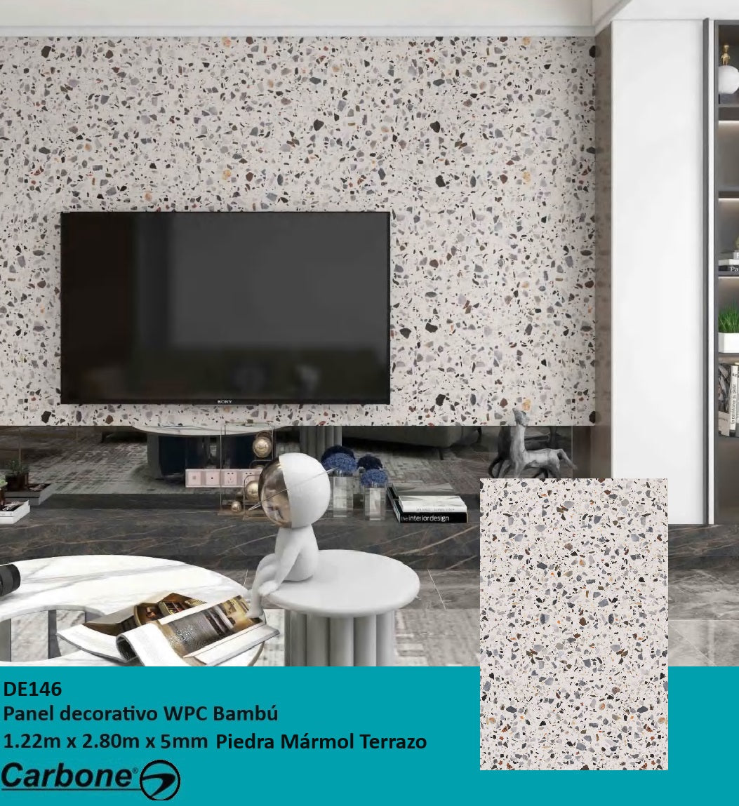 PANEL DECORATIVO WPC BAMBU 1.22 M X 2.80 M X 5 MM PIEDRA MARMOL TERRAZO MATE