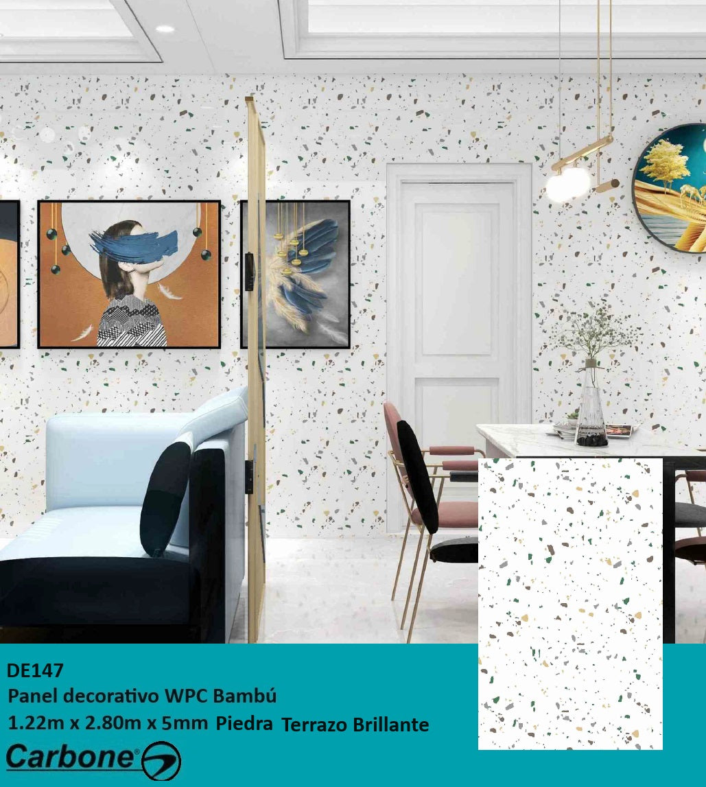 PANEL DECORATIVO WPC BAMBU 1.22 M X 2.80 M X 5 MM PIEDRA TERRAZO BRILLANTE