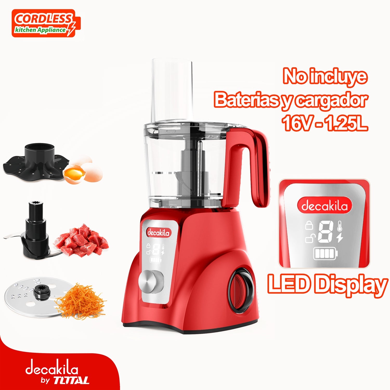 PROCESADOR DE ALIMENTOS INALAMBRICO ROJO 250W 1.25L PICA, REBANA Y CORTA. BATERIA Y CARGADOR POR SEP