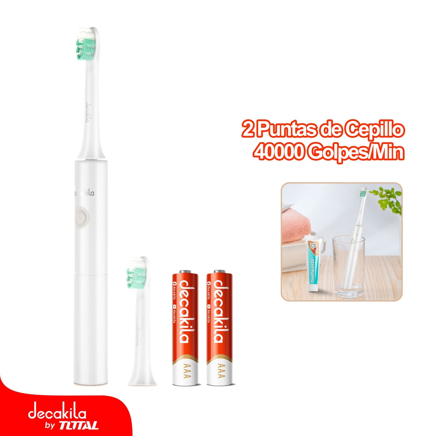 CEPILLO DE DIENTES ELECTRICO RESISTENTE AL AGUA CON 40,000 VPM. INCLUYE BATERIAS AAA.