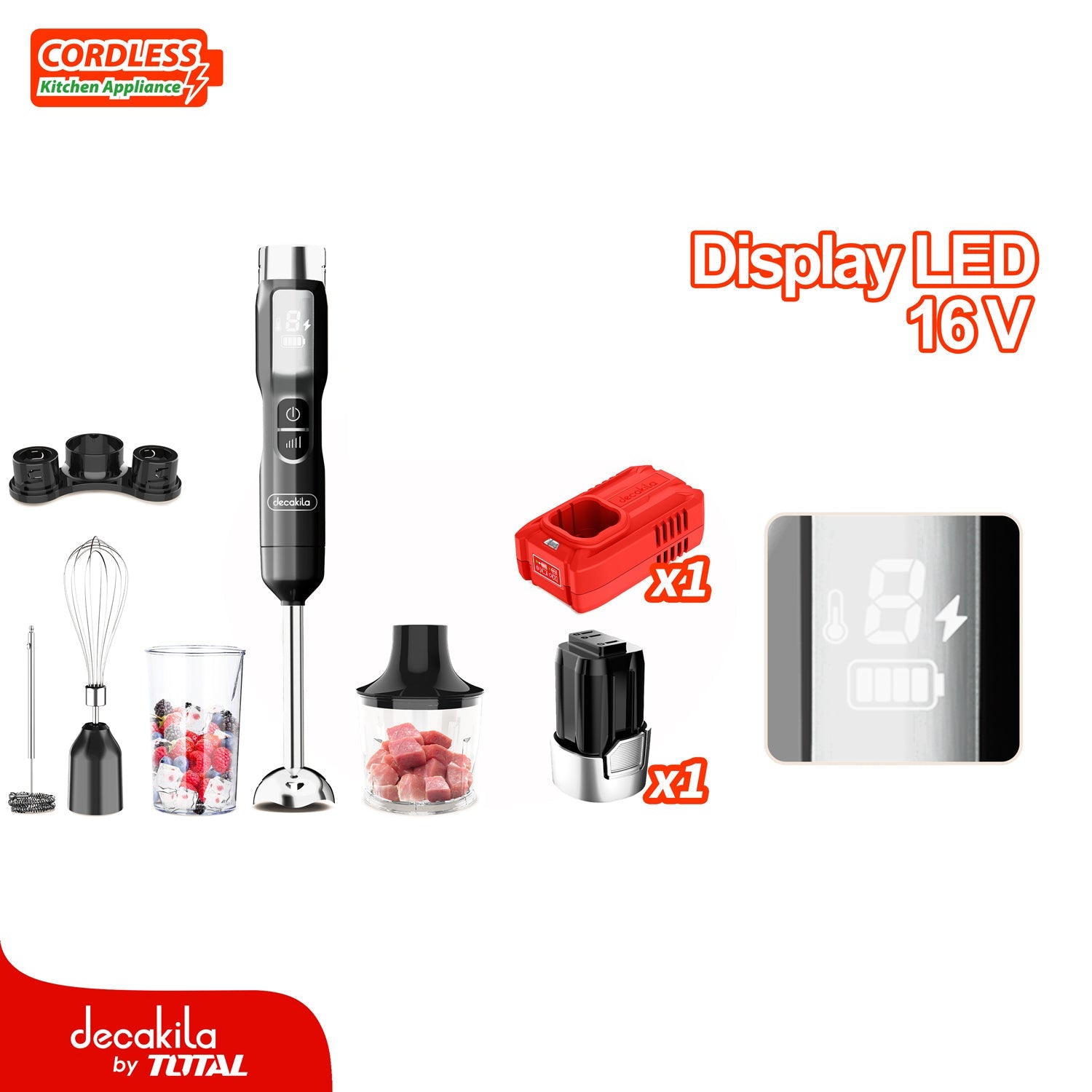 BATIDORA DE MANO INALAMBRICA GRIS 100W. 16V. SET 5 EN 1. IDEAL PARA MEZCLAS JUGO Y SALSA. INCLUYE BA