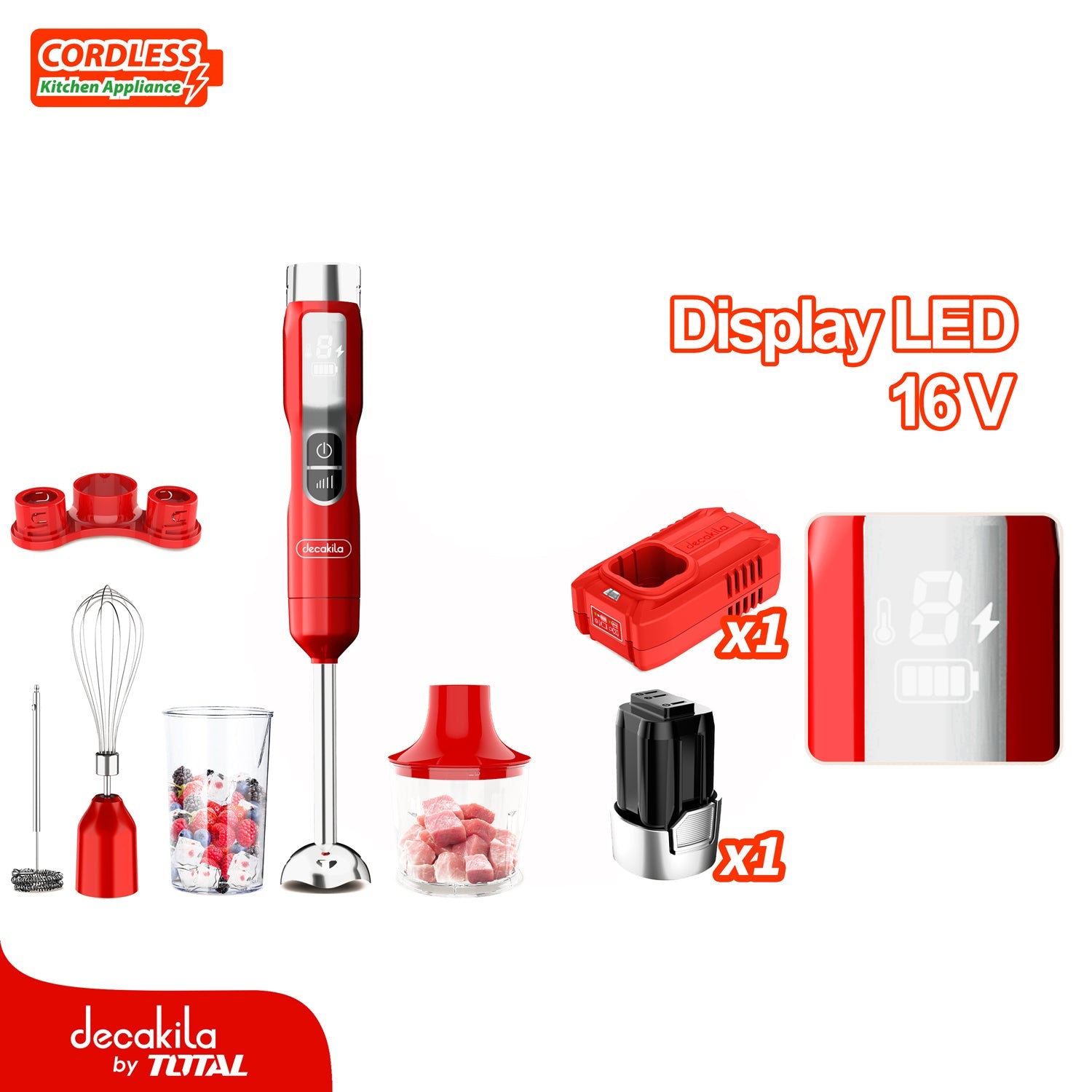 BATIDORA DE MANO INALAMBRICA ROJA 100W. 16V. SET 5 EN 1. IDEAL PARA MEZCLAS JUGO Y SALSA. INCLUYE BA