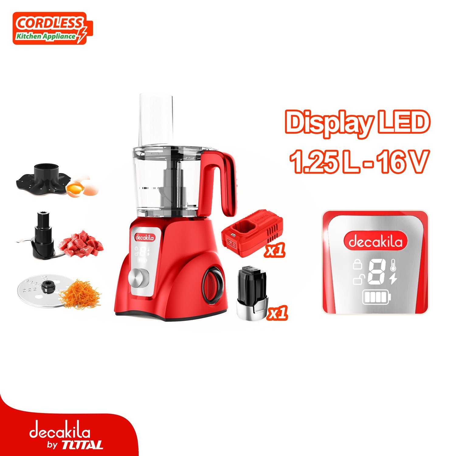 PROCESADOR DE ALIMENTOS INALAMBRICO ROJO 250W 1.25L PICA, REBANA Y CORTA. INCLUYE BATERIA Y CARGADOR