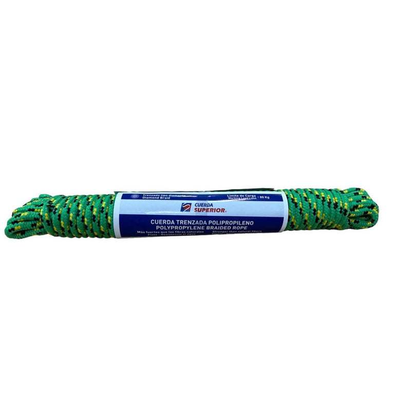 CUERDA TRENZADA DIAMANTE 8MM X 15M. COLOR VERDE. CARGA E INTEMPERIE. SOGA PARA ACAMPAR MECATE PARA T