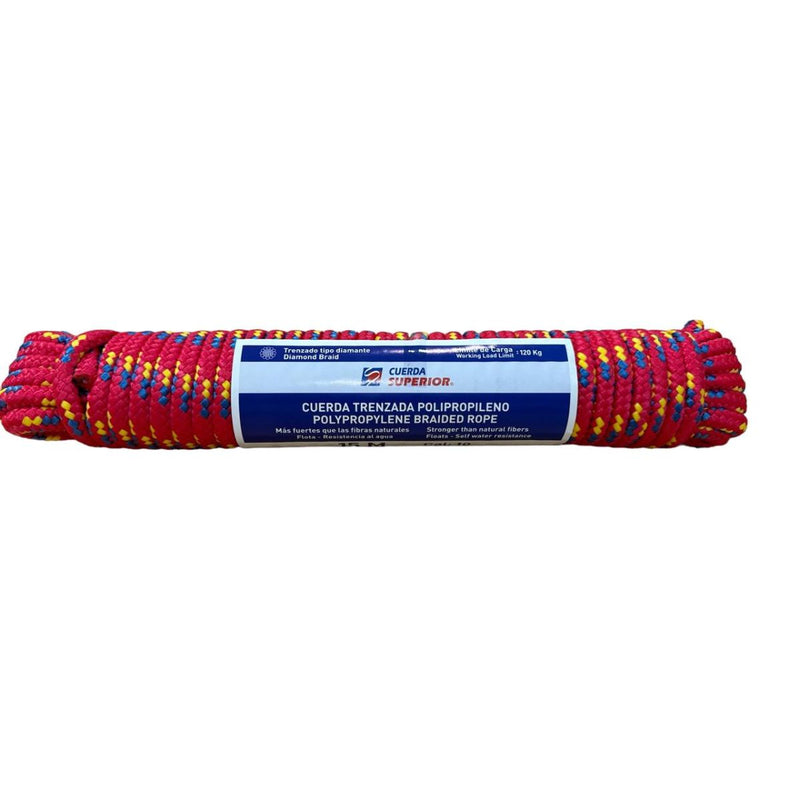 CUERDA TRENZADA DIAMANTE 10MM X 15M. MULTICOLOR. CARGA E INTEMPERIE. SOGA PARA ACAMPAR MECATE PARA T