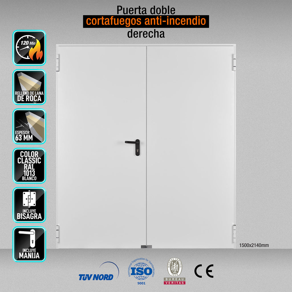 PUERTA CORTAFUEGOS ANTI INCENDIO DOBLE DERECHA EI120 MINUTOS 1500X2140MM MARCO MC3 COLOR BLANCA 1013