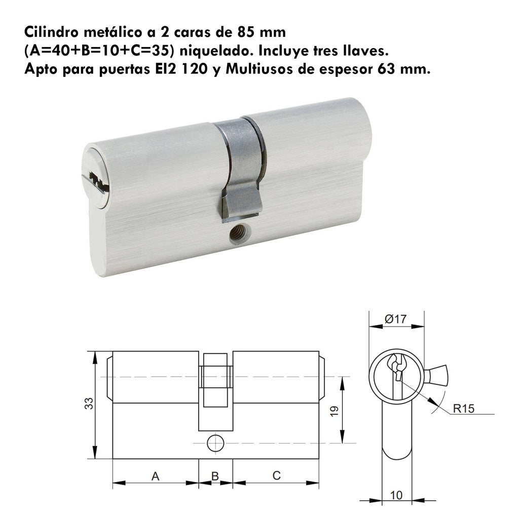 CILINDRO PARA PUERTA CORTAFUEGO C3 DE 85 MM COMPATIBLE CON PUERTAS DE
