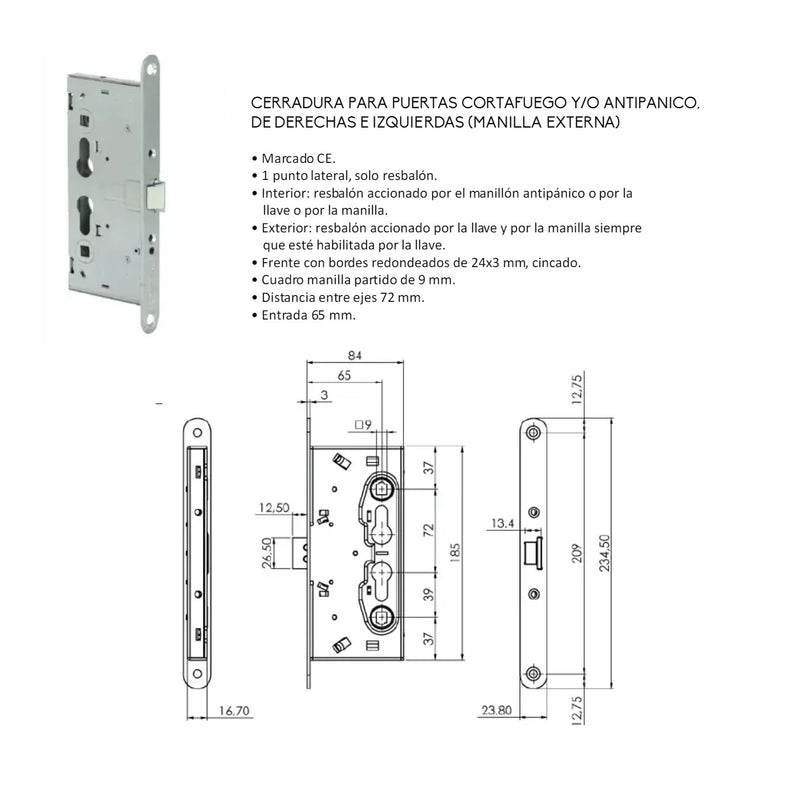 CERRADURA ESPECIAL CORTAFUEGOS ESTANDAR CON FUNCION ANTIPANICO PUERTAS CORTAFUEGOS Y MULTIUSOS