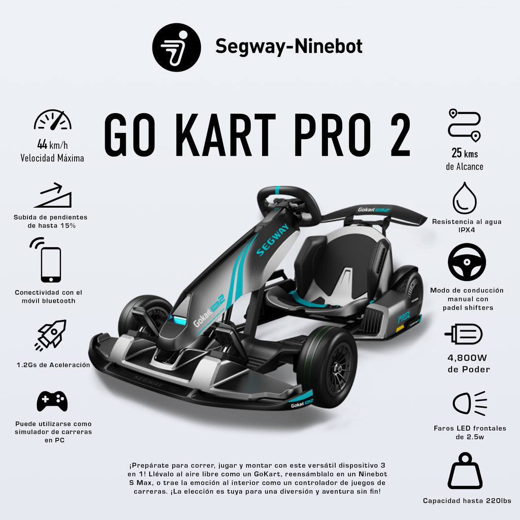 GOKART PRO 2 SEGWAY NINEBOT NEGRO (INCLUYE EL BALANCIN ) TOP SPEED 42KM/H Y RANGO AUTONOMIA 24 KM