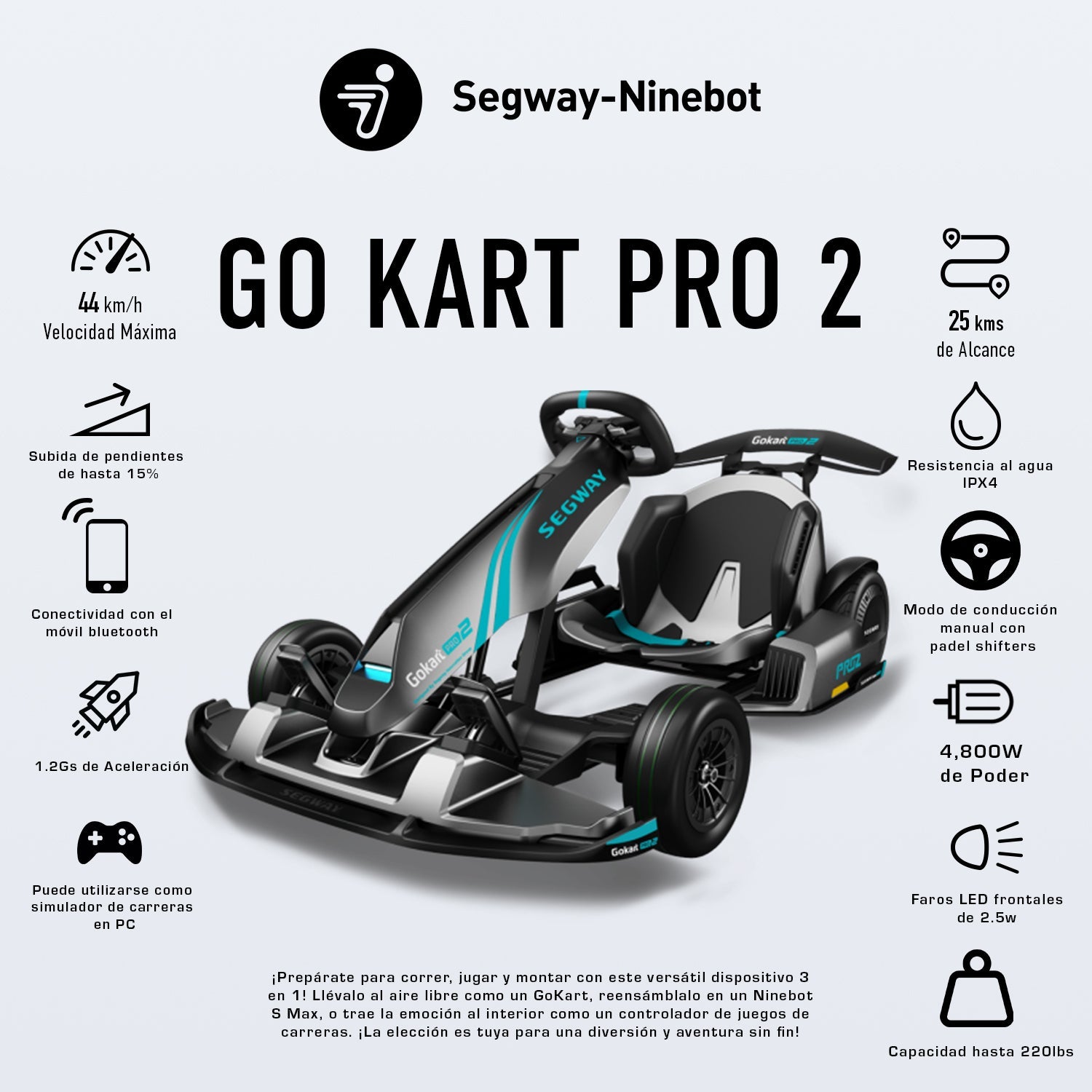 GOKART PRO 2 SEGWAY NINEBOT NEGRO (INCLUYE EL BALANCIN ) TOP SPEED 42KM/H Y RANGO AUTONOMIA 24 KM