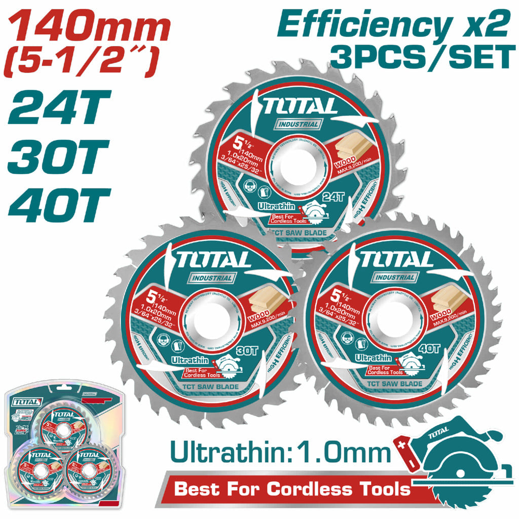 DISCOS 5 1/2" SIERRA ULTRA FINA 1.0MM TCT 140MM 24T 30T 40T SET DE 3 PIEZAS. IDEAL PARA SIERRA CIRCU