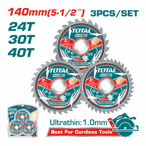DISCOS 5 1/2" SIERRA ULTRA FINA 1.0MM TCT 140MM 24T 30T 40T SET DE 3 PIEZAS. IDEAL PARA SIERRA CIRCU