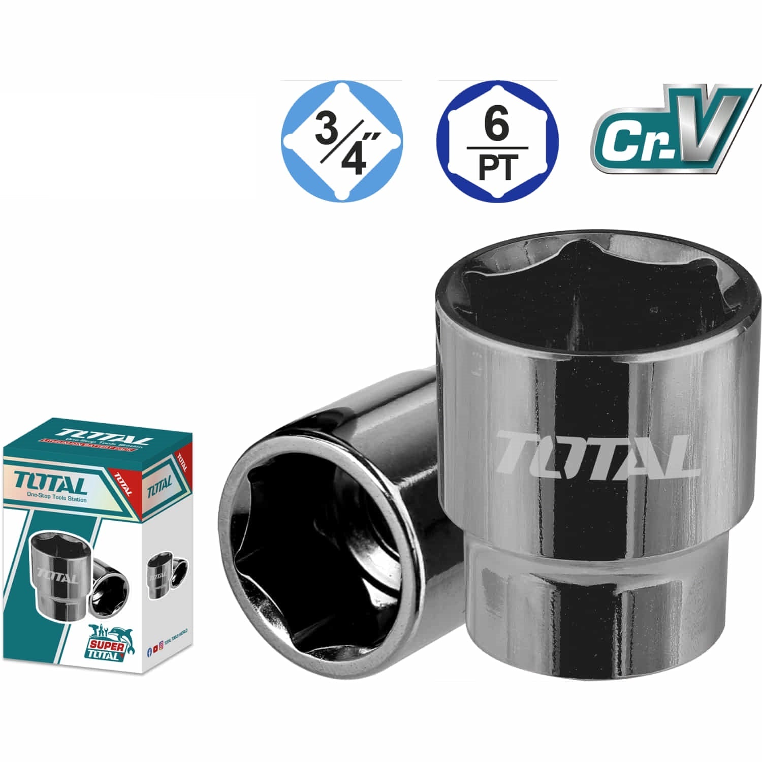SOCKETS DADOS HEXAGONALES 3/4" CR-V CON TRATAMIENTO TERMICO 6PTS. MILIMETRICOS