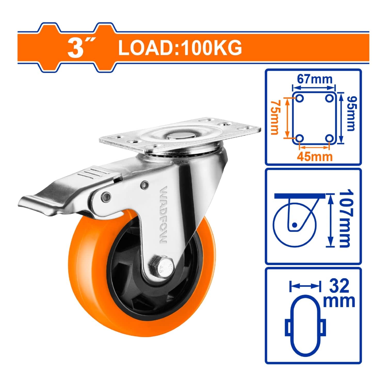 RUEDA GIRATORIA FRENO SERIE TRABAJO MEDIANO 3" CAPACIDAD POR RUEDA 100KG POLIURETANO PU NARANJA