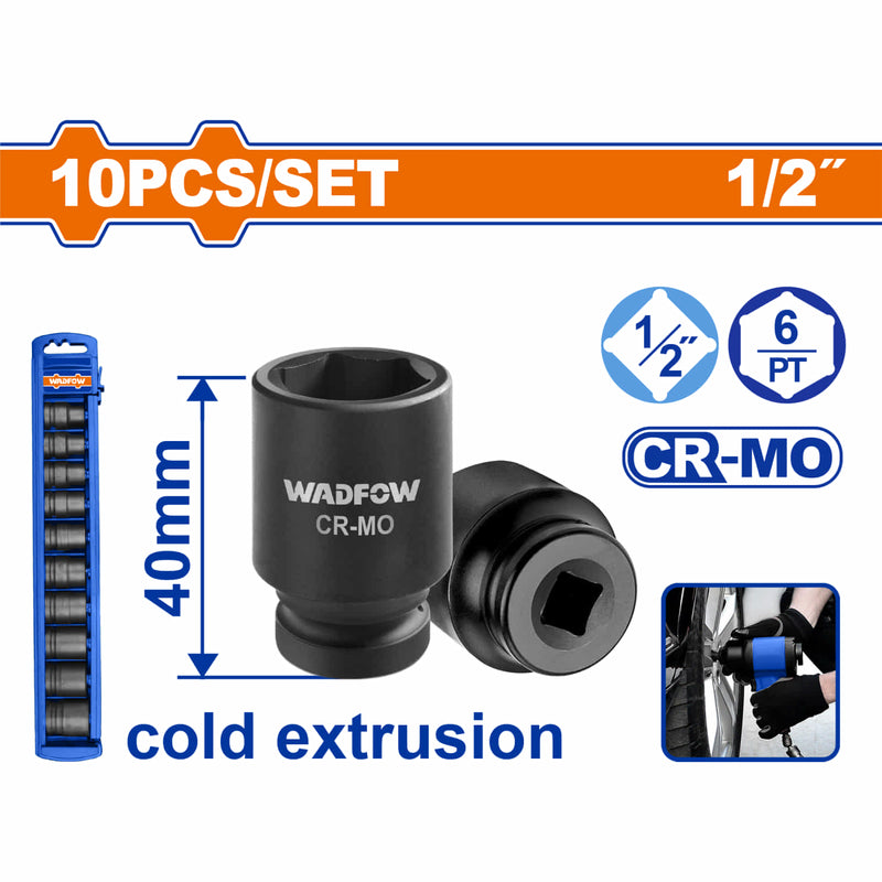 DADOS SOCKET DE IMPACTO DE 1/2" LARGO:40 MM. CRMO. TAMAÑOS 10-24MM, TR
