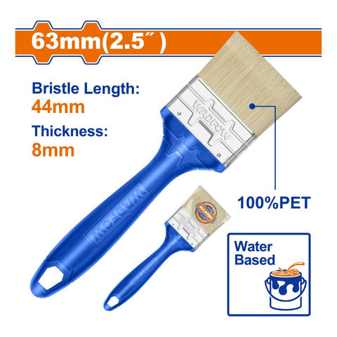 BROCHA PARA PINTAR 63MM(2.5"). CERDAS 100% PET. PINTURA A BASE DE AGUA. LONG: 44MM. GROSOR: 8MM.