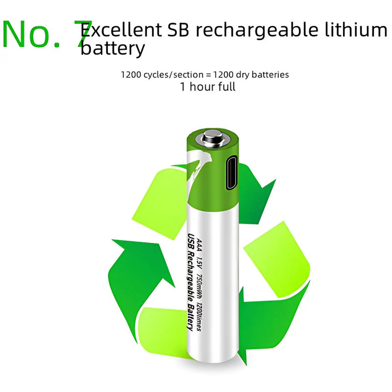 BATERÍAS AAA RECARGABLES CON CARGA USB-C, 1.5V 750MWH. CON 1200 CICLOS DE VIDA. (PACK DE 2 UNIDADES)
