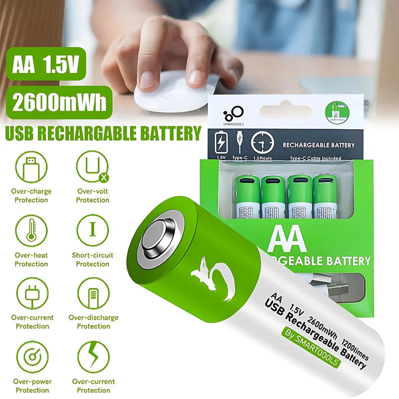 BATERÍAS AA RECARGABLES CON CARGA USB-C, 1.5V 2600MWH. CON 1200 CICLOS DE VIDA. (PACK DE 2 UNIDADES)
