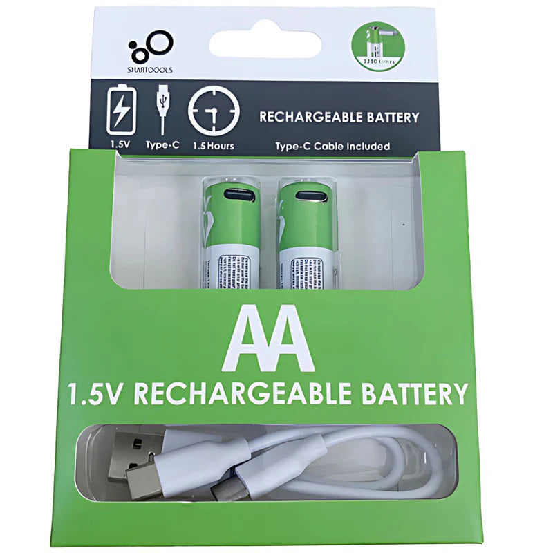 BATERÍAS AA RECARGABLES CON CARGA USB-C, 1.5V 2600MWH. CON 1200 CICLOS DE VIDA. (PACK DE 2 UNIDADES)