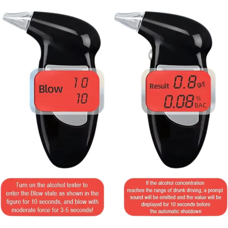 ALCOHOLÍMETRO DIGITAL PORTÁTIL CON PANTALLA LCD Y ALARMA DE EBRIEDAD. MEDIDOR DE ALCOHOL CON 5 BOQUI