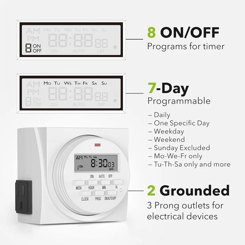 TEMPORIZADOR DIGITAL PROGRAMABLE POR 7 DÍAS, TOMACORRIENTE DUAL TIMER RELOJ APAGADO AUTOMATICO