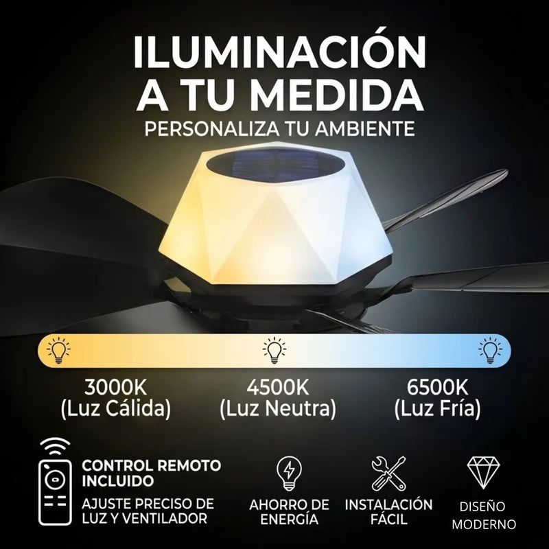 ABANICO DE TECHO 20 CON SOCKET E27, LUZ LED RGB Y 3 TONOS, BOCINA BLUETOOTH. VENTILADOR CON 6 ASPAS