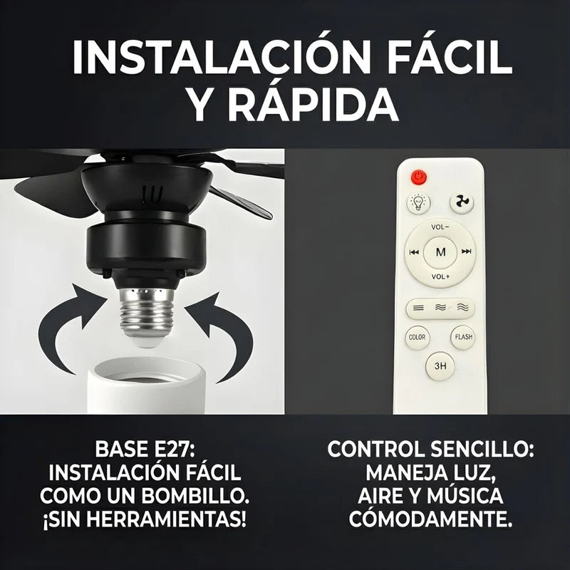 ABANICO DE TECHO 20 CON SOCKET E27, LUZ LED RGB Y 3 TONOS, BOCINA BLUETOOTH. VENTILADOR CON 6 ASPAS