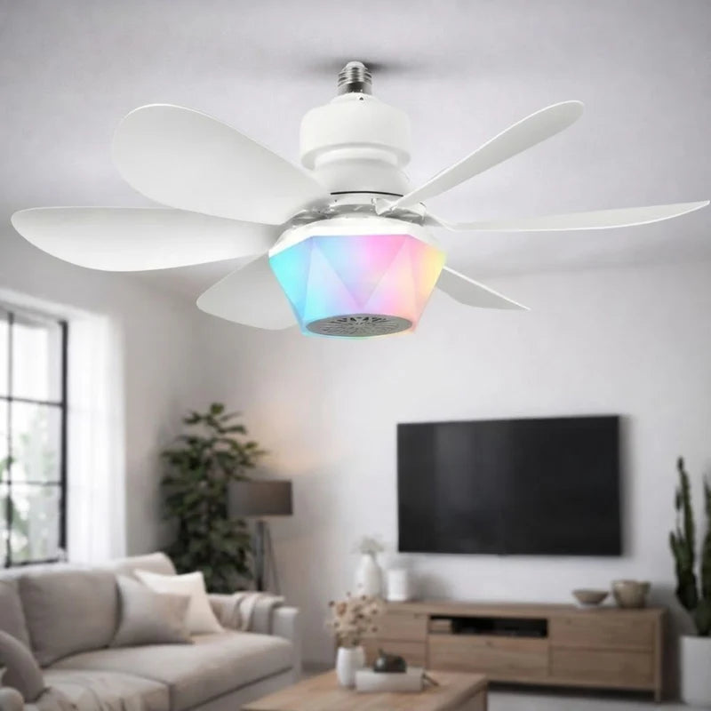 ABANICO DE TECHO 20 CON SOCKET E27, LUZ LED RGB Y 3 TONOS, BOCINA BLUETOOTH. VENTILADOR CON 6 ASPAS