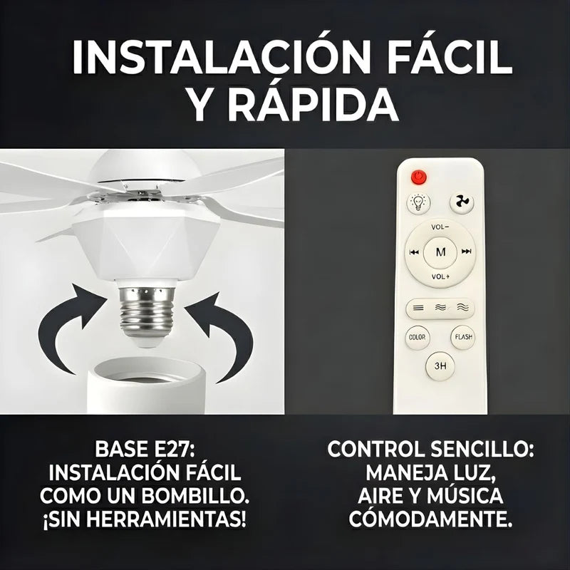 ABANICO DE TECHO 20 CON SOCKET E27, LUZ LED RGB Y 3 TONOS, BOCINA BLUETOOTH. VENTILADOR CON 6 ASPAS