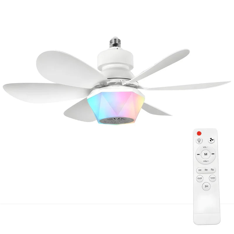 ABANICO DE TECHO 20 CON SOCKET E27, LUZ LED RGB Y 3 TONOS, BOCINA BLUETOOTH. VENTILADOR CON 6 ASPAS
