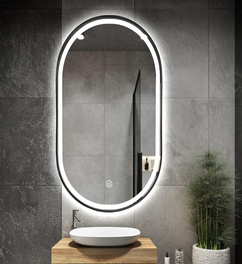 [SKUIMG]GMIRROR17|1.png|ESPEJO LED BORDE NEGRO OVALADO 60CM DE ANCHO X 120 CM DE ALTO CON LUZ LED DE 3 TONOS BOTÓN TÁCTIL
