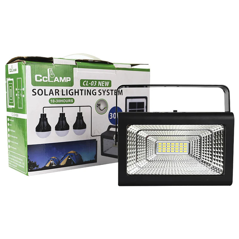 REFLECTOR SOLAR LED PORTÁTIL CON BOMBILLOS 30W. ESTACIÓN DE ENERGÍA SOLAR MULTIFUNCIONAL. POWER BANK