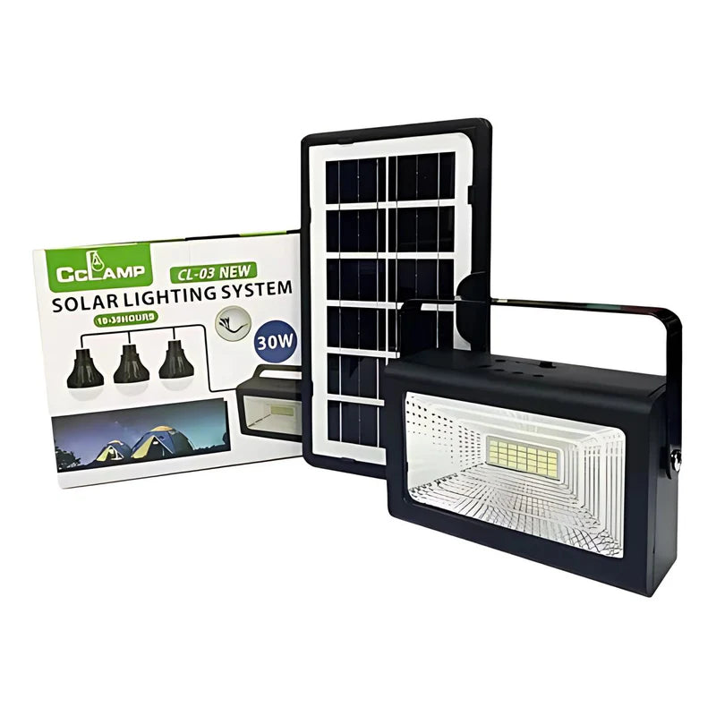 REFLECTOR SOLAR LED PORTÁTIL CON BOMBILLOS 30W. ESTACIÓN DE ENERGÍA SOLAR MULTIFUNCIONAL. POWER BANK
