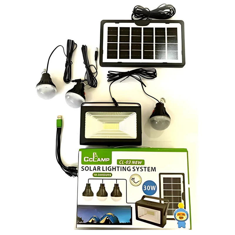 REFLECTOR SOLAR LED PORTÁTIL CON BOMBILLOS 30W. ESTACIÓN DE ENERGÍA SOLAR MULTIFUNCIONAL. POWER BANK