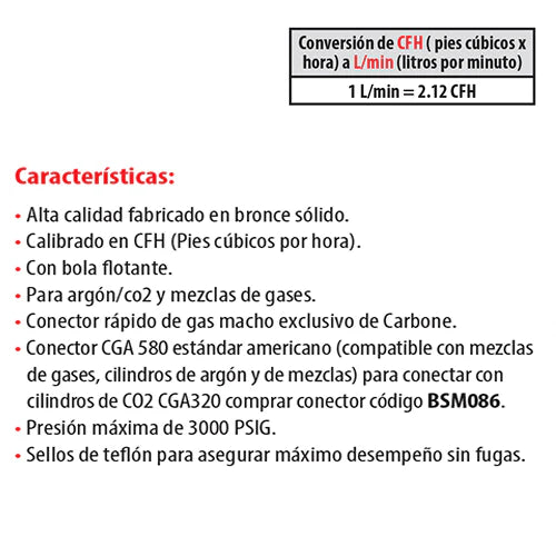 MANOMETRO FLUJOMETRO AR/C02 BRONCE SOLIDO.EN CFH.CONECTOR RAPIDO DE GAS MANGUERA 4M.CONEX CGA580