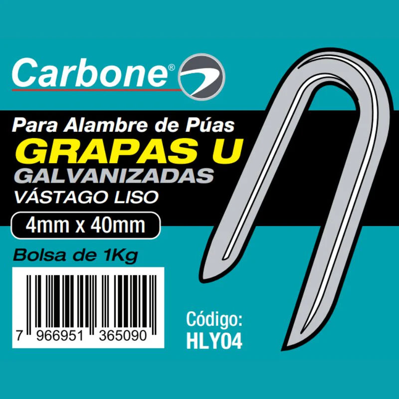 GRAPAS CLAVOS U GALVANIZADOS DE 4MM X40 MM. PARA ALAMBRE DE PUAS (BOLSA DE 1KG. / 2.2LBS)