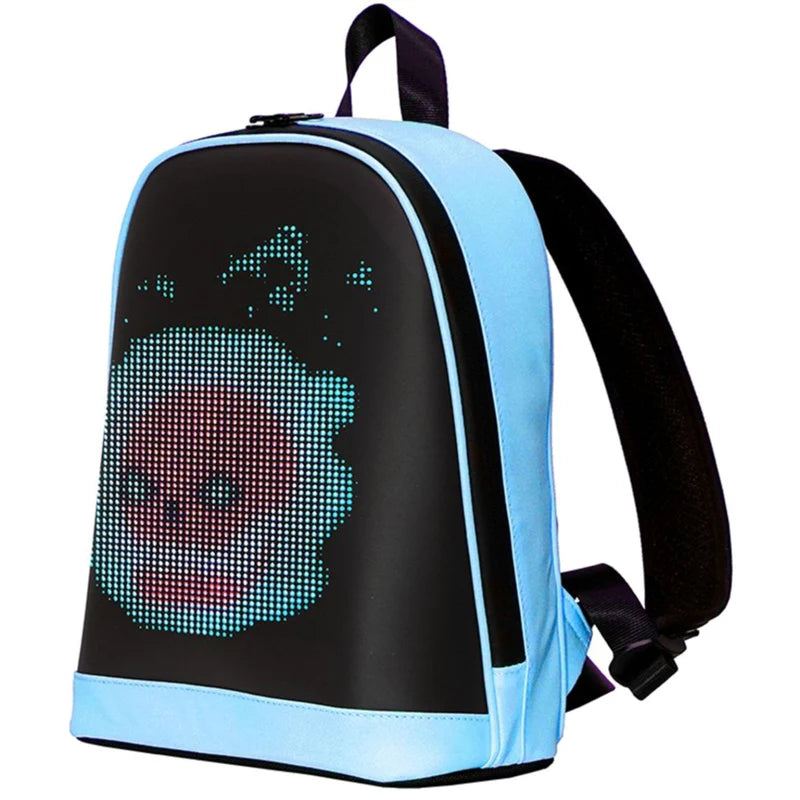Mochila LED Azul Con Pantalla Digital Y Power Bank Integrado Tamaño 32 X 26 X 10 Cm. Conectividad Bluetooth Y APP Para Cambiar Imágenes. Backpack Morral