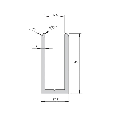 U-CHANNEL VIDRIO DE 10 - 12 MM DE ALUMINIO. ALTO 40 MM. LARGO DE 3.5 M. ACABADO SATINADO