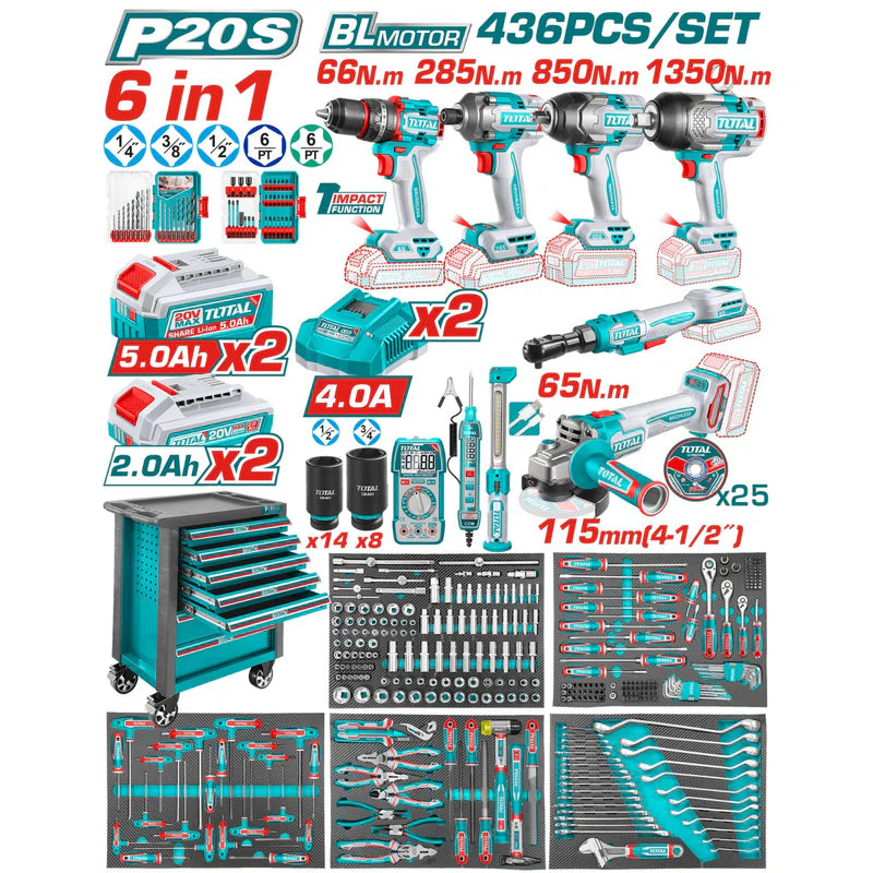 COMBO TOTAL DE HERRAMIENTAS MANUALES E INALÁMBRICAS CON 1 GAVETA METÁLICA. INCLUYE BATERÍA Y CARGADO